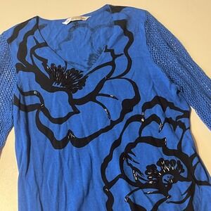 Peter Nygard Beaded Floral Sweater Size PL Royal Blue Open Knit Long Sleeve NWT